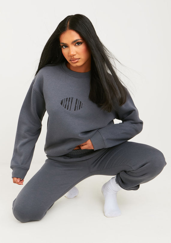 missyempire Leah Charcoal Missy Girl Embroidered Oversized Sweatshirt