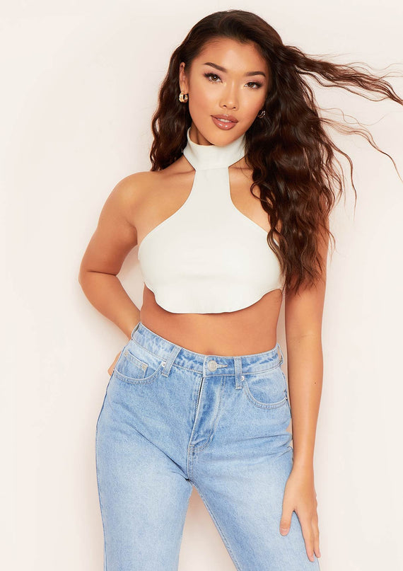 Missyempire Lean Ivory PU Halterneck Croc Print Curved Hem Crop Top