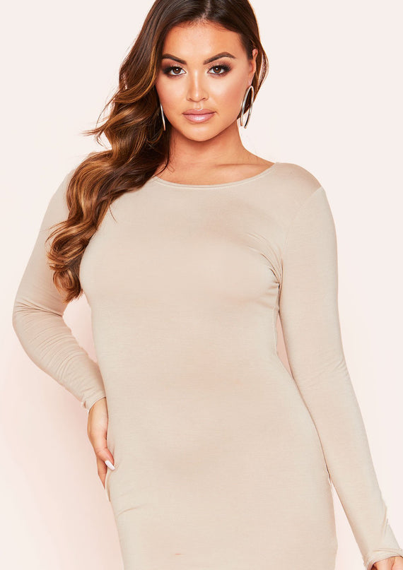 Missyempire Lexi Beige Long Sleeve Basic Jersey Mini Dress