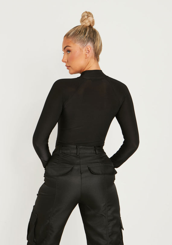 Missyempire Lexi Black Disco Zip Through Long Sleeve Bodysuit