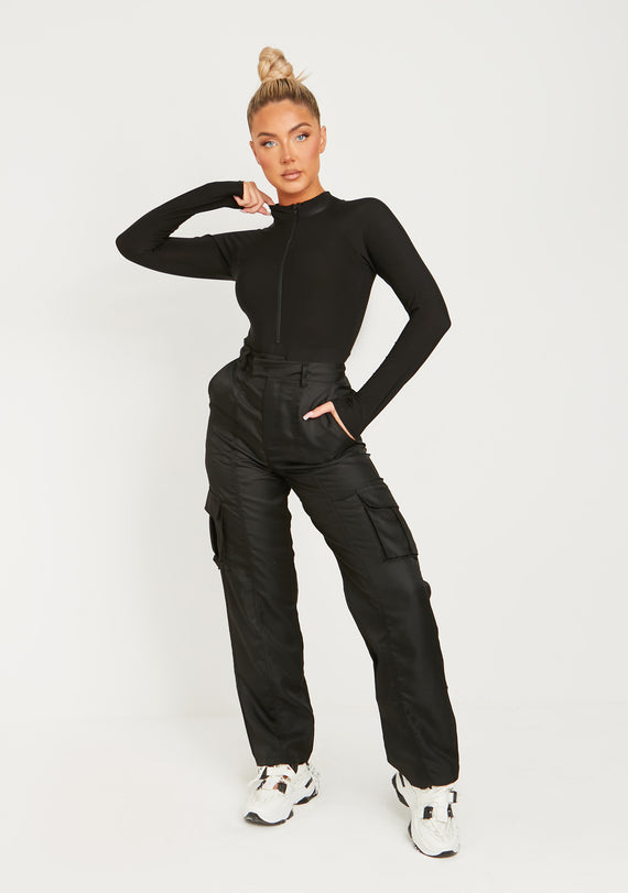 Missyempire Lexi Black Disco Zip Through Long Sleeve Bodysuit