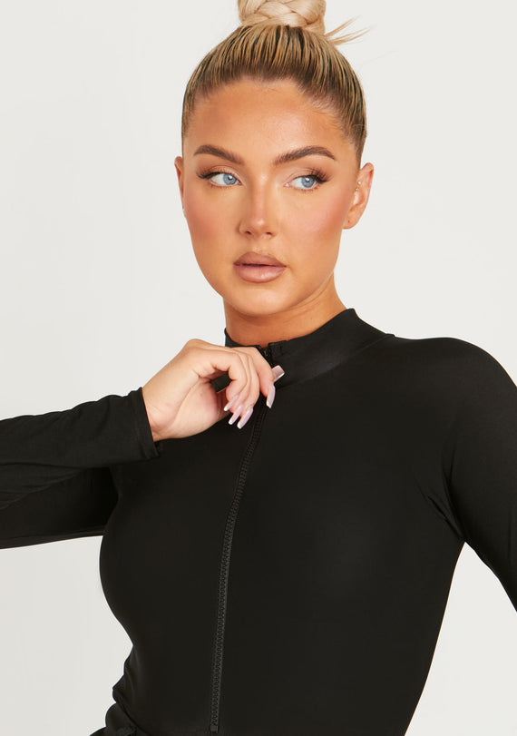 Missyempire Lexi Black Disco Zip Through Long Sleeve Bodysuit