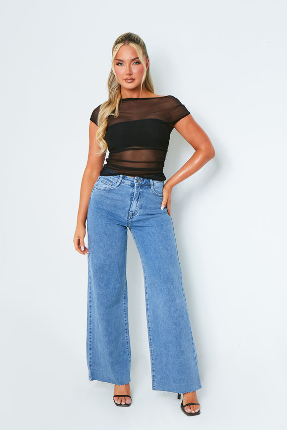 Missyempire Libby Black Short Sleeve One Shoulder Mesh Top
