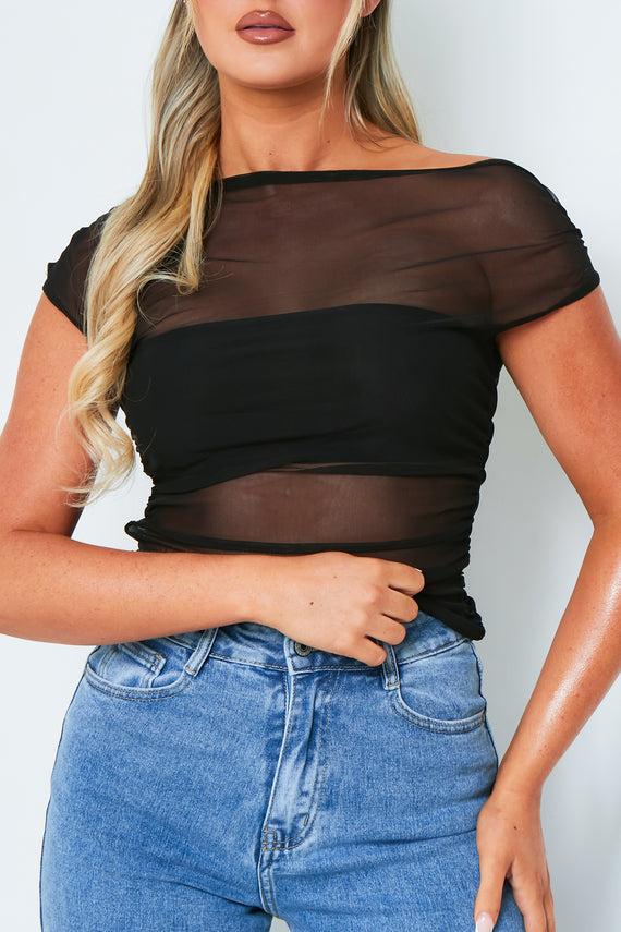 Missyempire Libby Black Short Sleeve One Shoulder Mesh Top