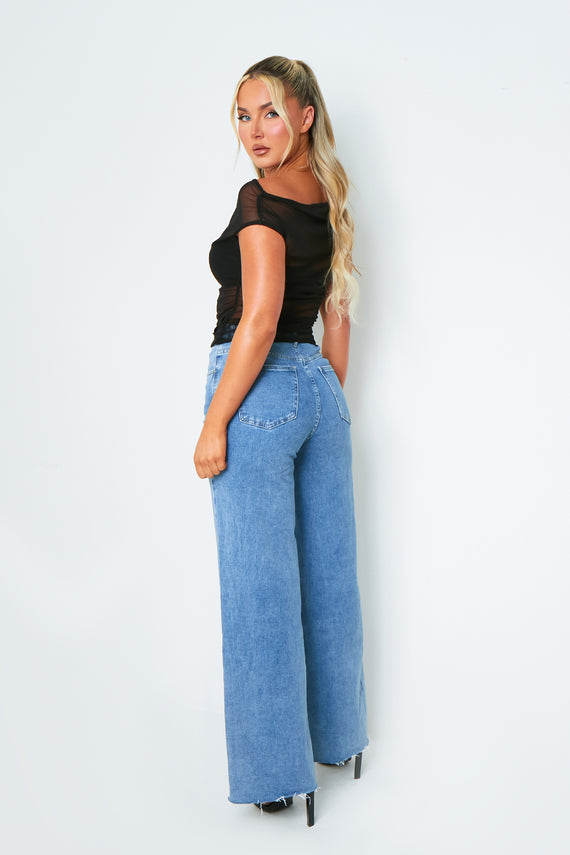 Missyempire Libby Black Short Sleeve One Shoulder Mesh Top