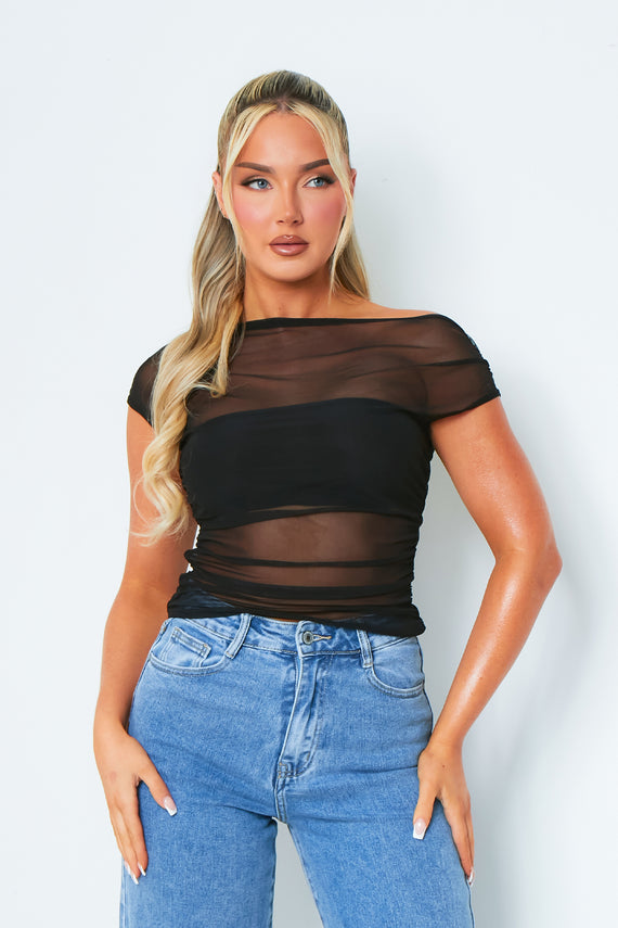 missyempire Libby Black Short Sleeve One Shoulder Mesh Top