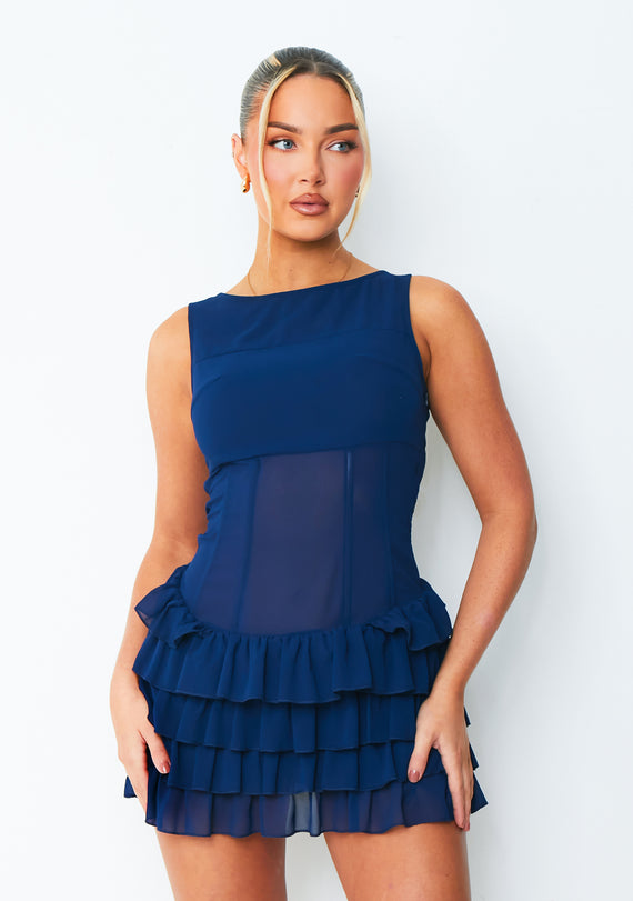 missyempire Lola Navy Ruffle Lace Up Back Mini Dress