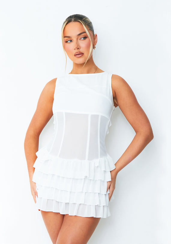 Missyempire Lola White Ruffle Lace Up Back Mini Dress