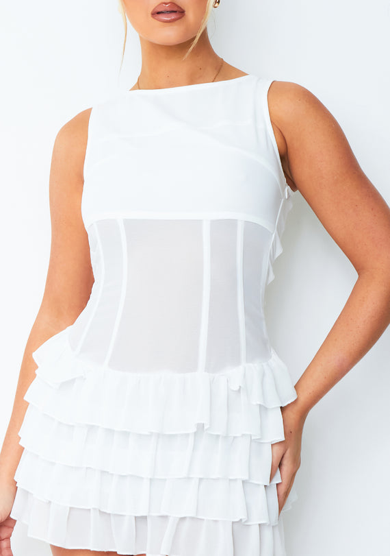 Missyempire Lola White Ruffle Lace Up Back Mini Dress