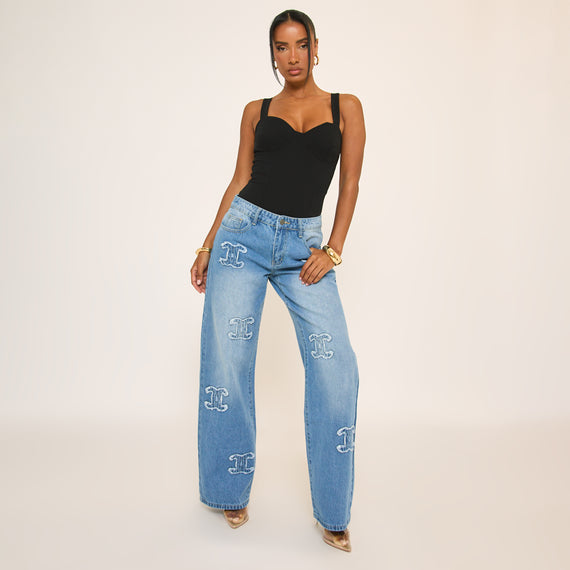 missyempire Low Rise Patch Detail Wide Leg Jeans In Blue