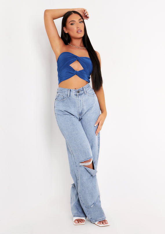 missyempire Lucy Blue Twist Front Cut Out Slinky Bandeau Top