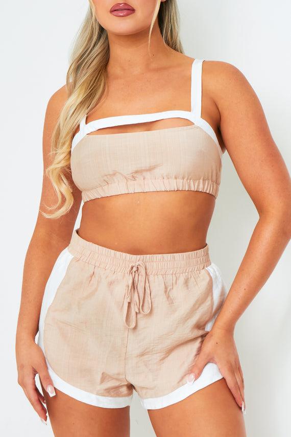 Missyempire Luna Beige & White Linen High Rise Shorts