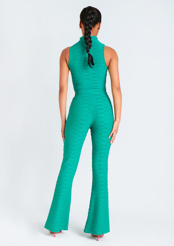 Missyempire Maddy Green High Neck Ripple Crop Top And Flared Trouser Co Ord