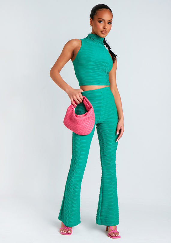 missyempire Maddy Green High Neck Ripple Crop Top And Flared Trouser Co Ord