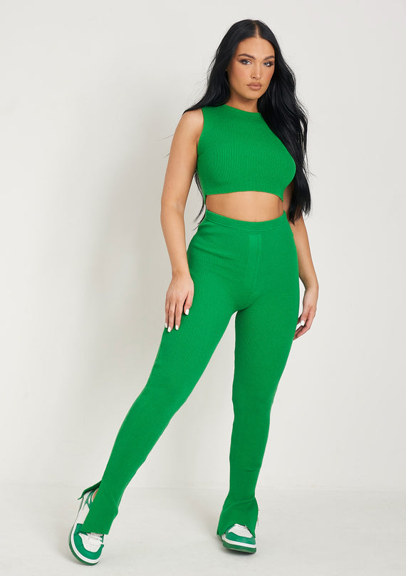 missyempire Madilyn Green Knitted Rib High Waisted Split Leggings