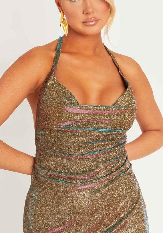 Missyempire Mahalia Multi Mermaid Glitter Cowl Neck Halter Neck Mini Dress
