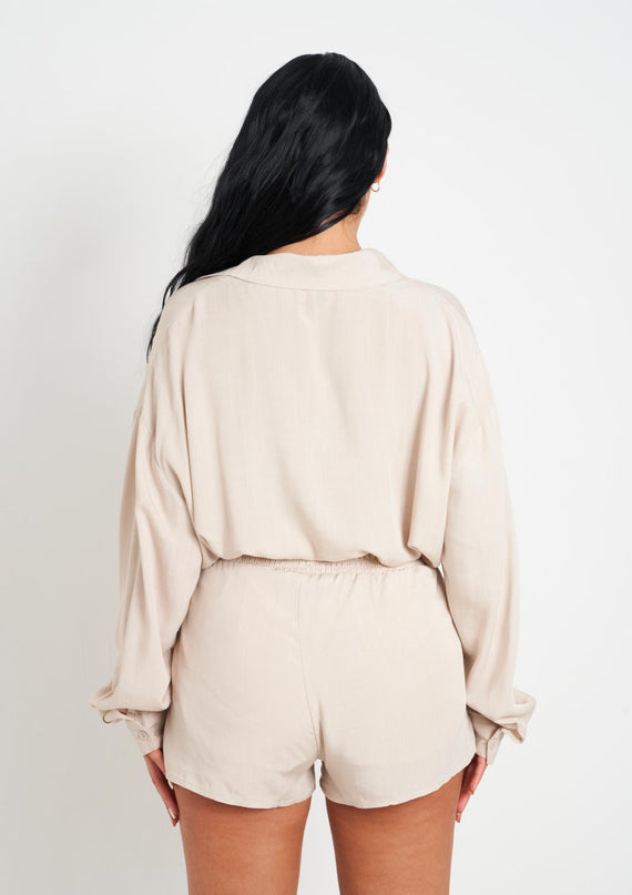 Missyempire Maleah Beige Linen Sheered High Waist Shorts