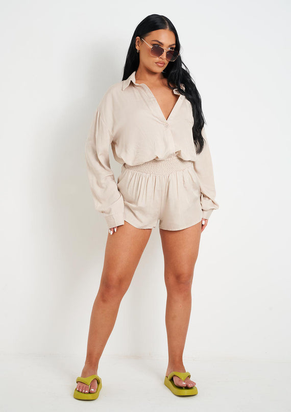 missyempire Maleah Beige Linen Sheered High Waist Shorts