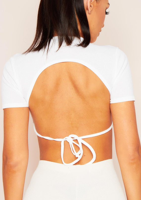 Missyempire Mandy White Tie Back Cropped Ribbed T-Shirt