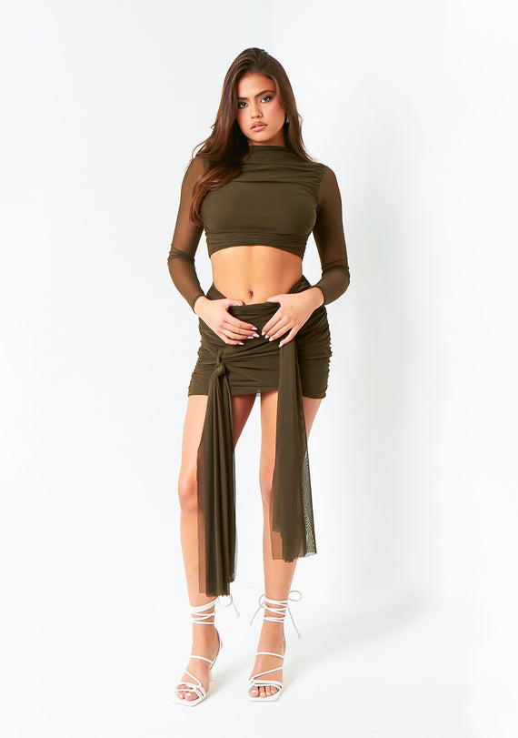 Missyempire Mariah Dark Khaki Mesh Long Sleeve Crop Top