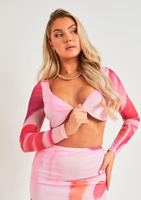 Missyempire Marla Pink Printed Mesh Long Sleeve Crop Top