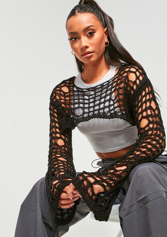 Missyempire Marlowe Black Distressed Knit Long Sleeve Extreme Crop Top