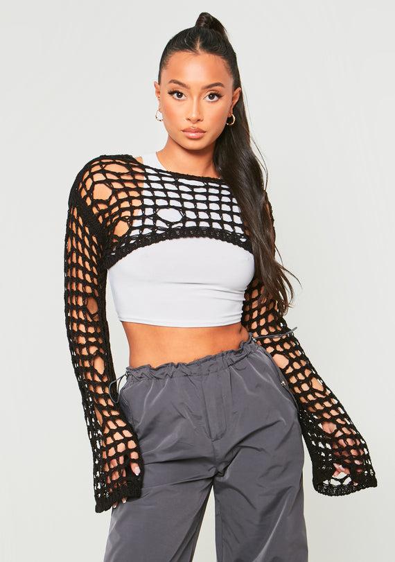 missyempire Marlowe Black Distressed Knit Long Sleeve Extreme Crop Top