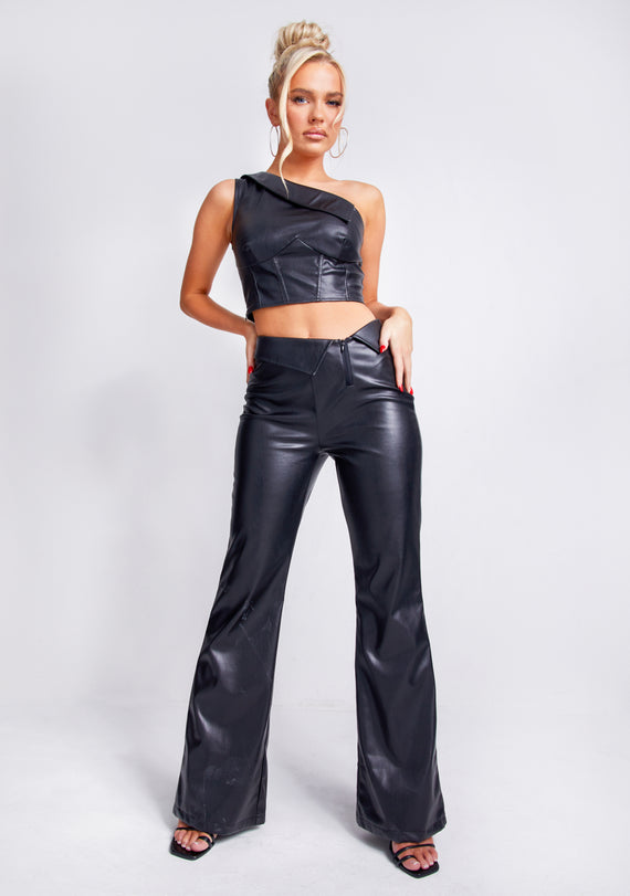 Missyempire Marlowe Black Fold Over Faux Leather Flare Trouser