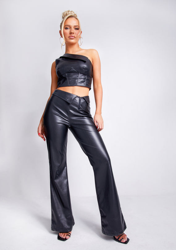 missyempire Marlowe Black Fold Over Faux Leather Flare Trouser