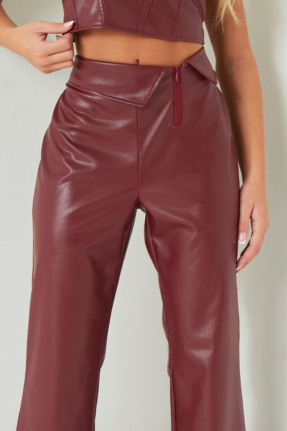 Missyempire Marlowe Wine Fold Over Faux Leather Flare Trouser