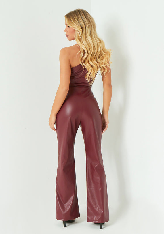 Missyempire Marlowe Wine Fold Over Faux Leather Flare Trouser