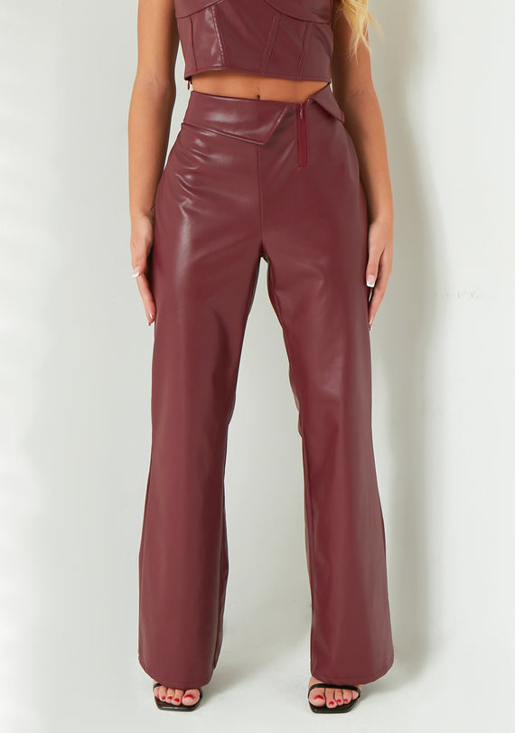 Missyempire Marlowe Wine Fold Over Faux Leather Flare Trouser