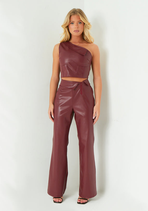 missyempire Marlowe Wine Fold Over Faux Leather Flare Trouser