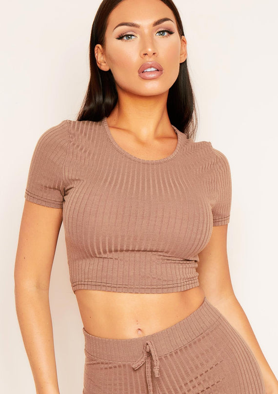 Missyempire Mary Mocha Mix & Match Rib Cropped T-Shirt