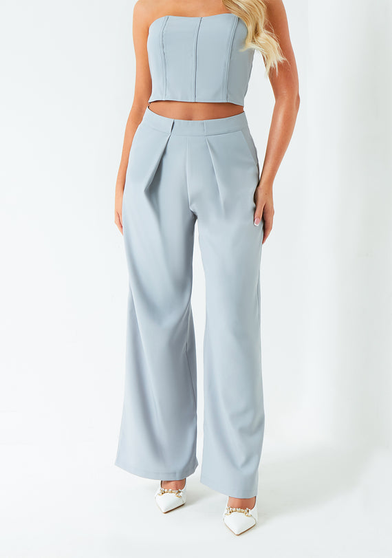 Missyempire Matilda Grey Pleat Detail Wide Leg Trouser Co-ord