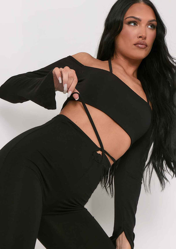 missyempire Maura Black Bardot Halterneck Strap Split Sleeve Crop Top