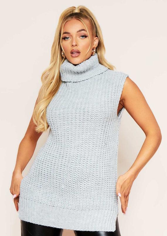Missyempire Maycee Light Grey Roll Neck Sleeveless Knitted Jumper