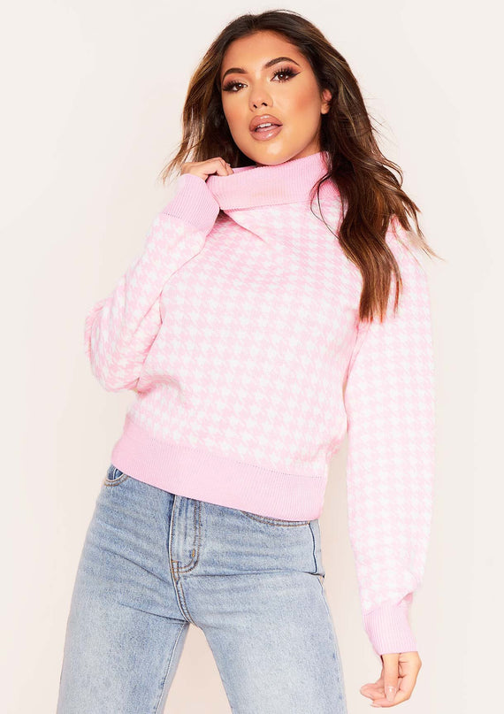 missyempire Megan Cream and Pink Dogtooth Roll Neck Jumper