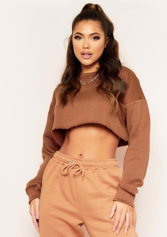 missyempire Melanie Chocolate Raw Hem Crew Neck Cropped Sweater