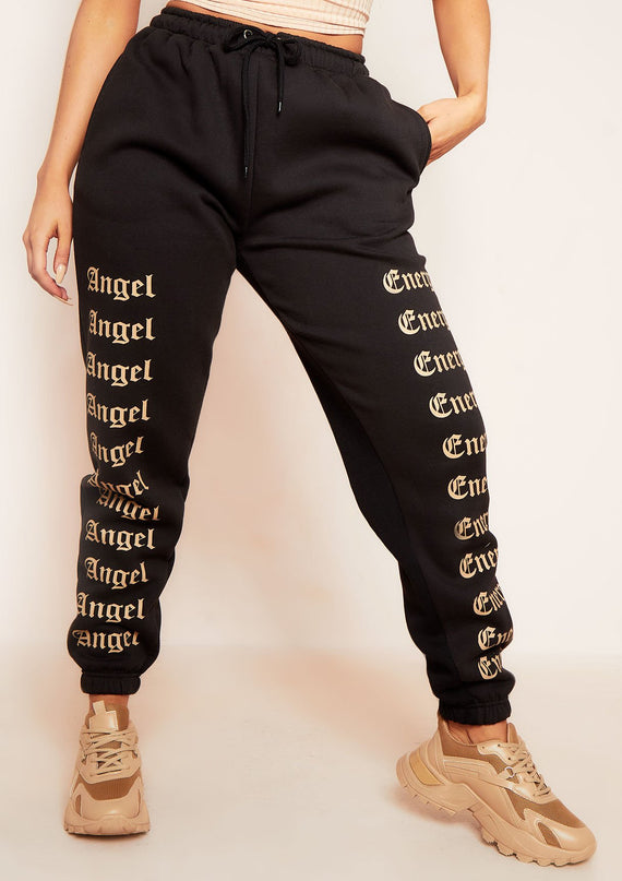 missyempire Melila Black and Beige Angel Energy Slogan Joggers