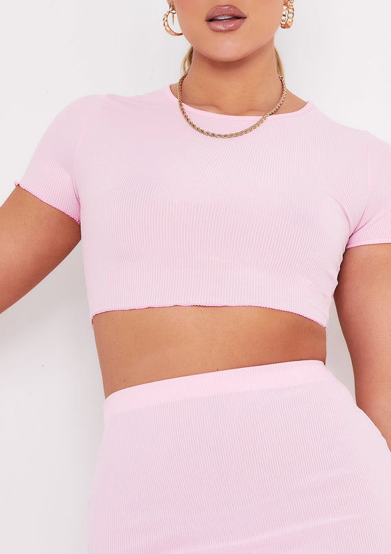Missyempire Melody Baby Pink Lettuce Edge Cropped T-shirt