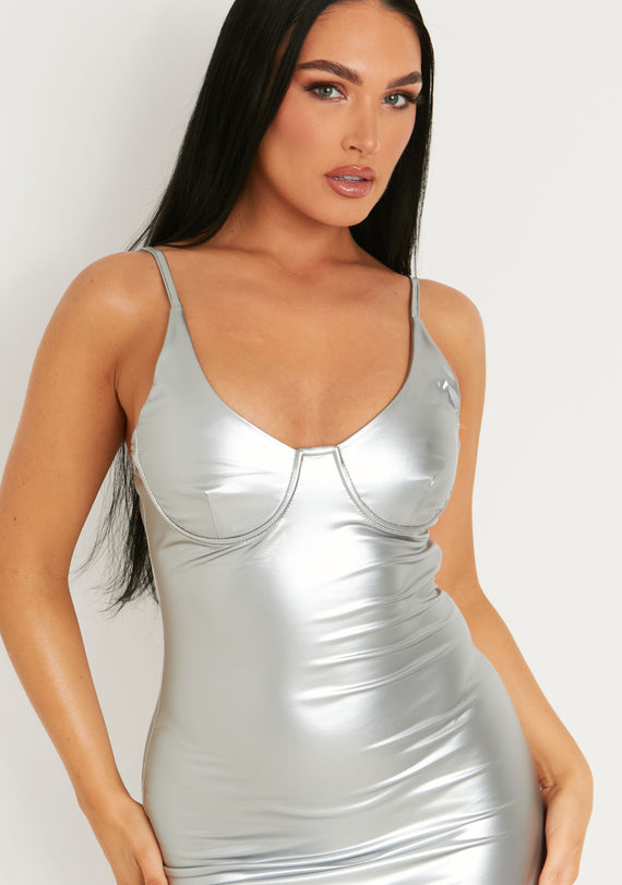 Missyempire Mikayla Silver Leather Look Strappy Metallic Maxi Dress With Side Split
