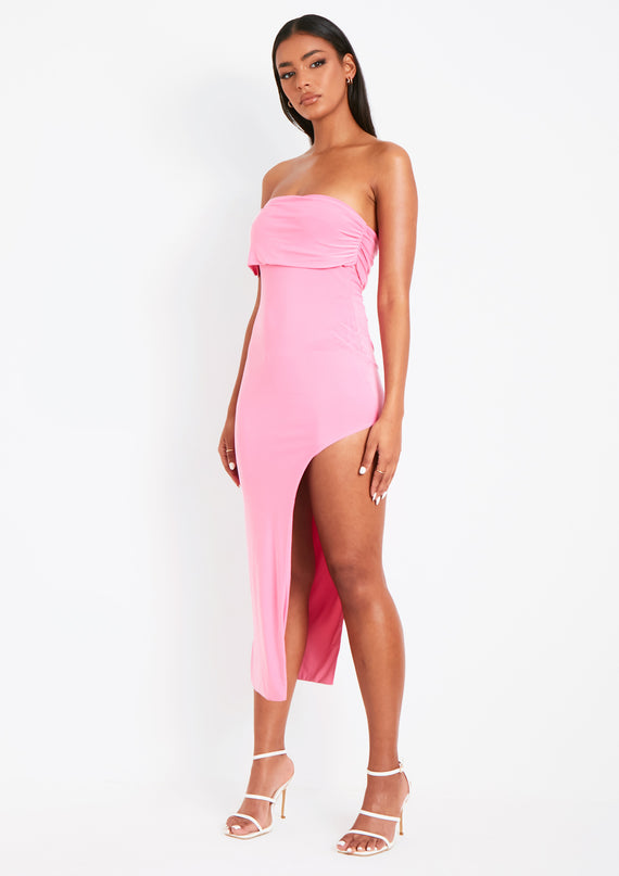 Missyempire Milana Pink Bardot One Shoulder Midi Dress With Slit