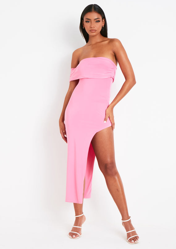 missyempire Milana Pink Bardot One Shoulder Midi Dress With Slit