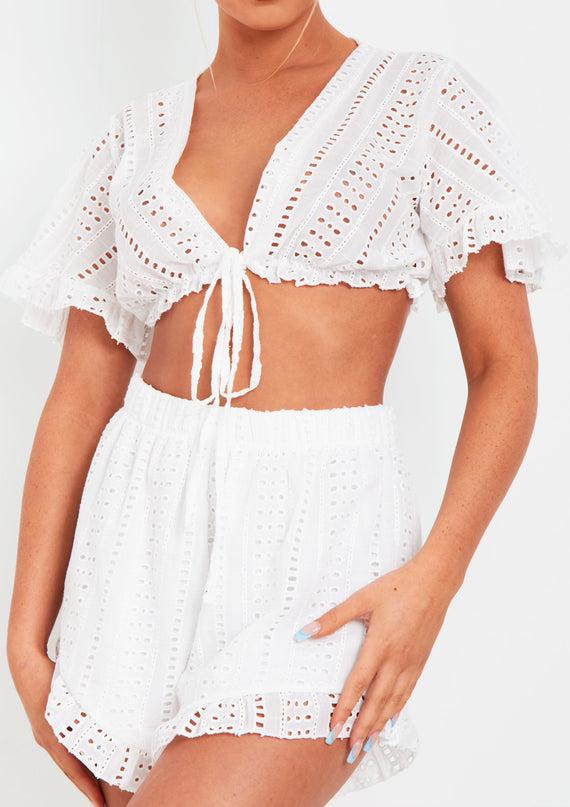 Missyempire Milly White Broderie Crop Top And Shorts Set