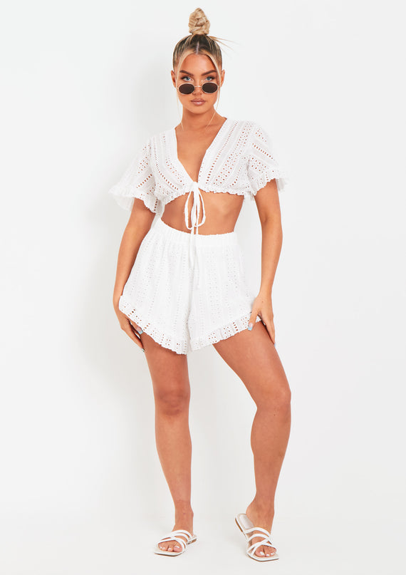 missyempire Milly White Broderie Crop Top And Shorts Set