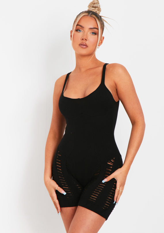 missyempire Adalynn Black Laddered Knitted Unitard