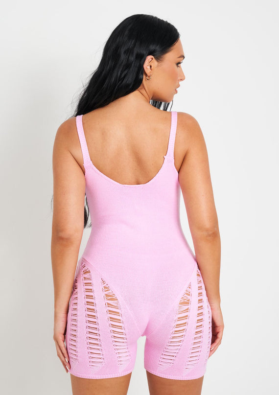 Missyempire Adalynn Pink Laddered Knitted Unitard
