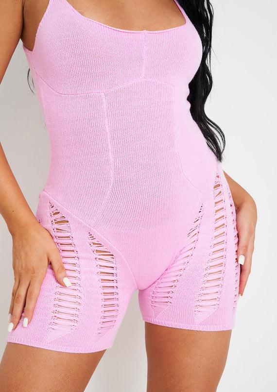 Missyempire Adalynn Pink Laddered Knitted Unitard