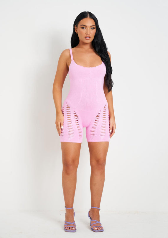 Missyempire Adalynn Pink Laddered Knitted Unitard
